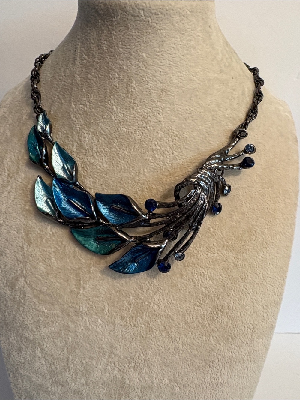 Blue Teal Leaf Statement Necklace Gunmetal Crystal Peacock Bib Necklace